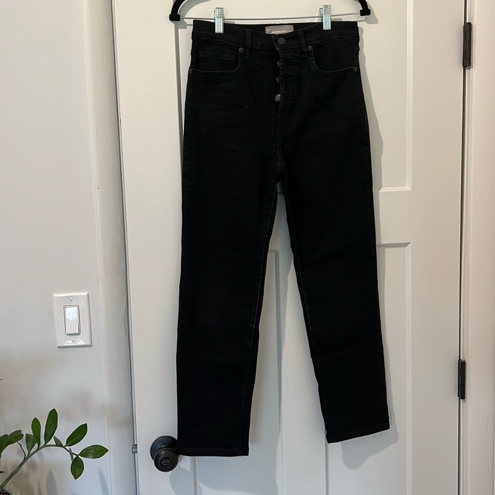 Everlane, high rise slim straight, button fly, size 29 ankle, black